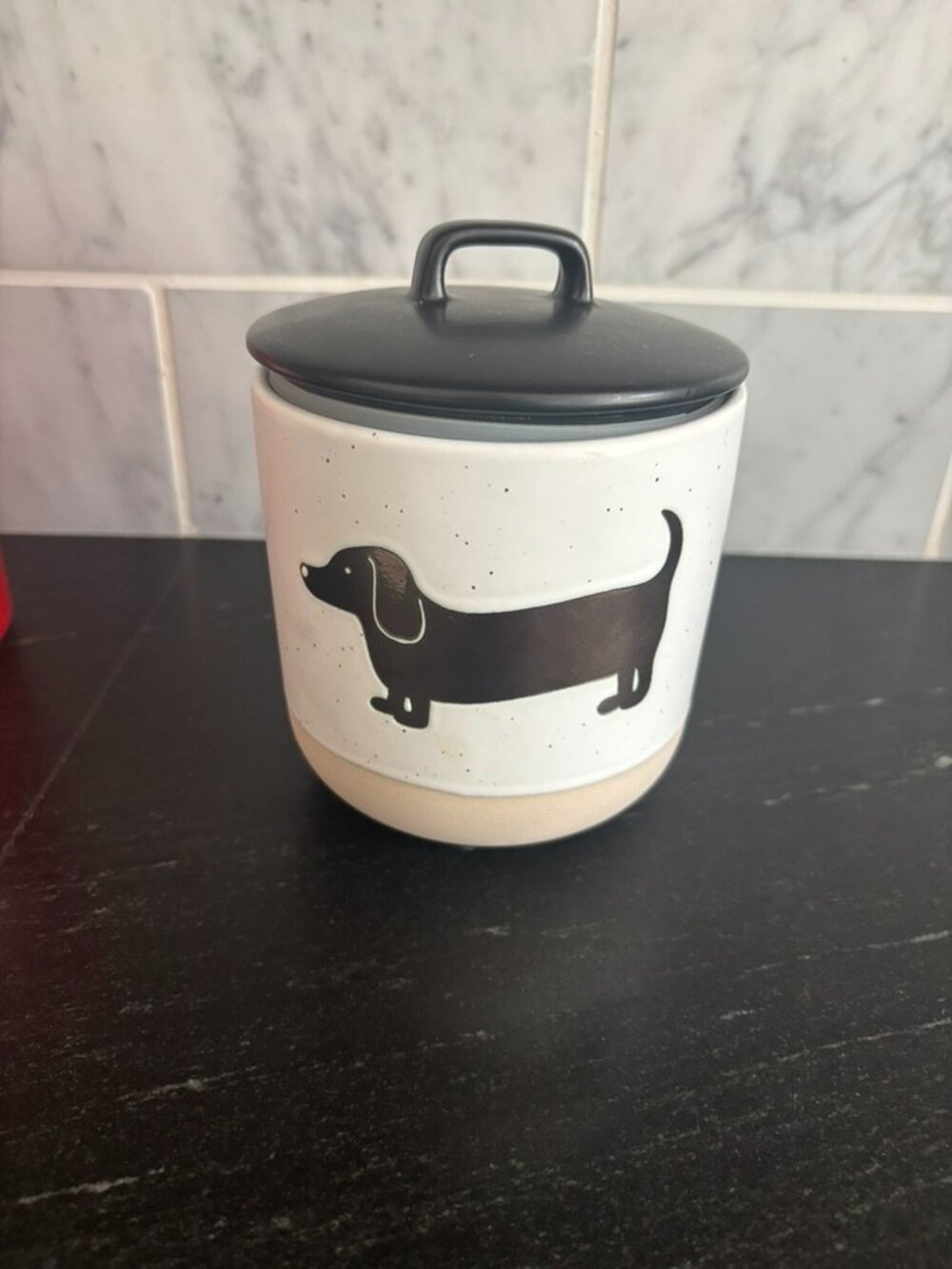 Harvest Green Studio Round Canister Dachshund Design Jar Lid Stoneware NEW